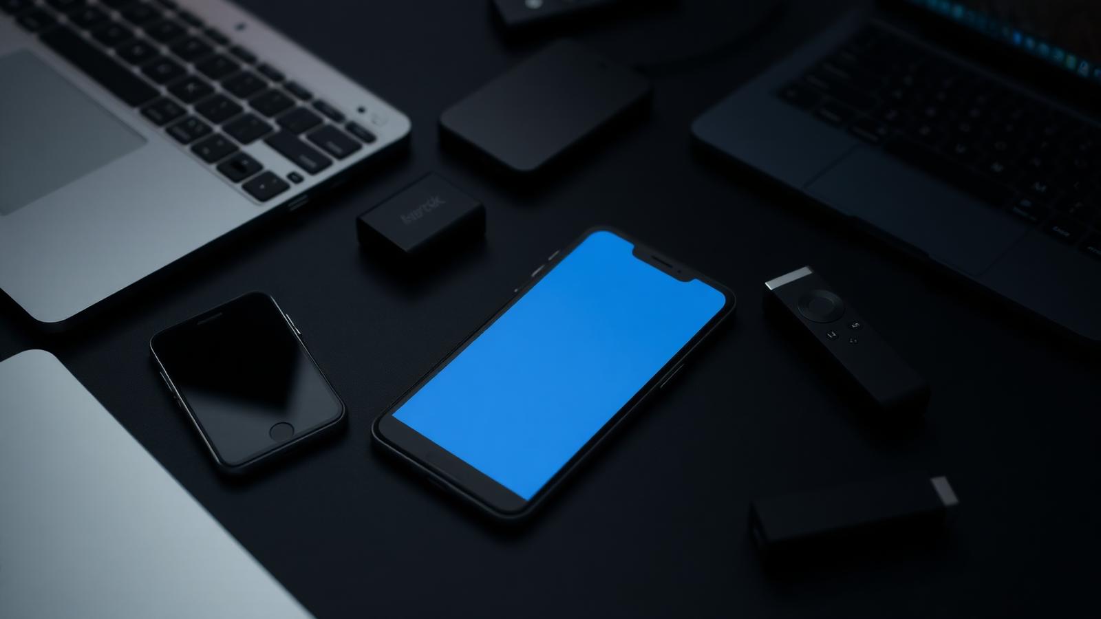Phone, laptop and Fire Stick on a dark desk